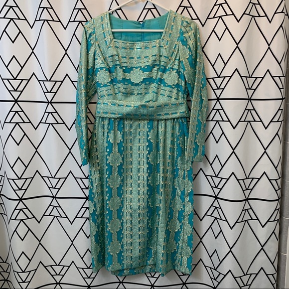 Vintage handmade 60s gold metallic peacock blue shift dress - Picture 4 of 12